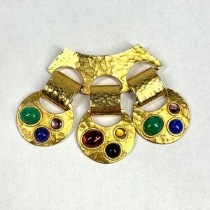 Vintage 1980s Les Bernard Statement Brooch Gilt Metal Discs Mulitcolor Cabochons